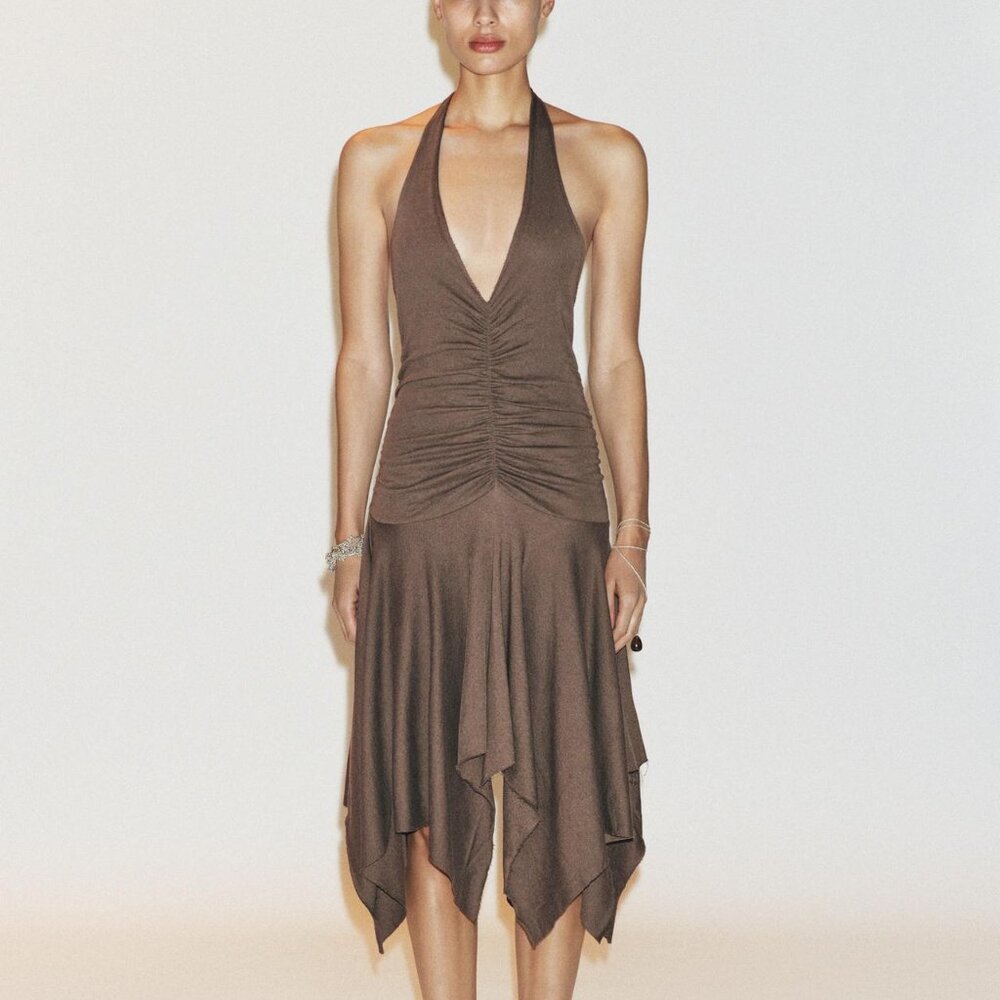 NWT SIZE L ASYMMETRIC HALTER DRESS BROWN 4174/814/700 ZARA